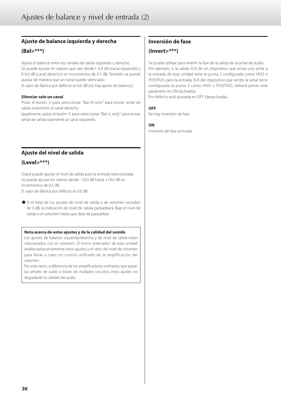 Ajustes de balance y nivel de entrada (2) | Teac C-02 User Manual | Page 56 / 68