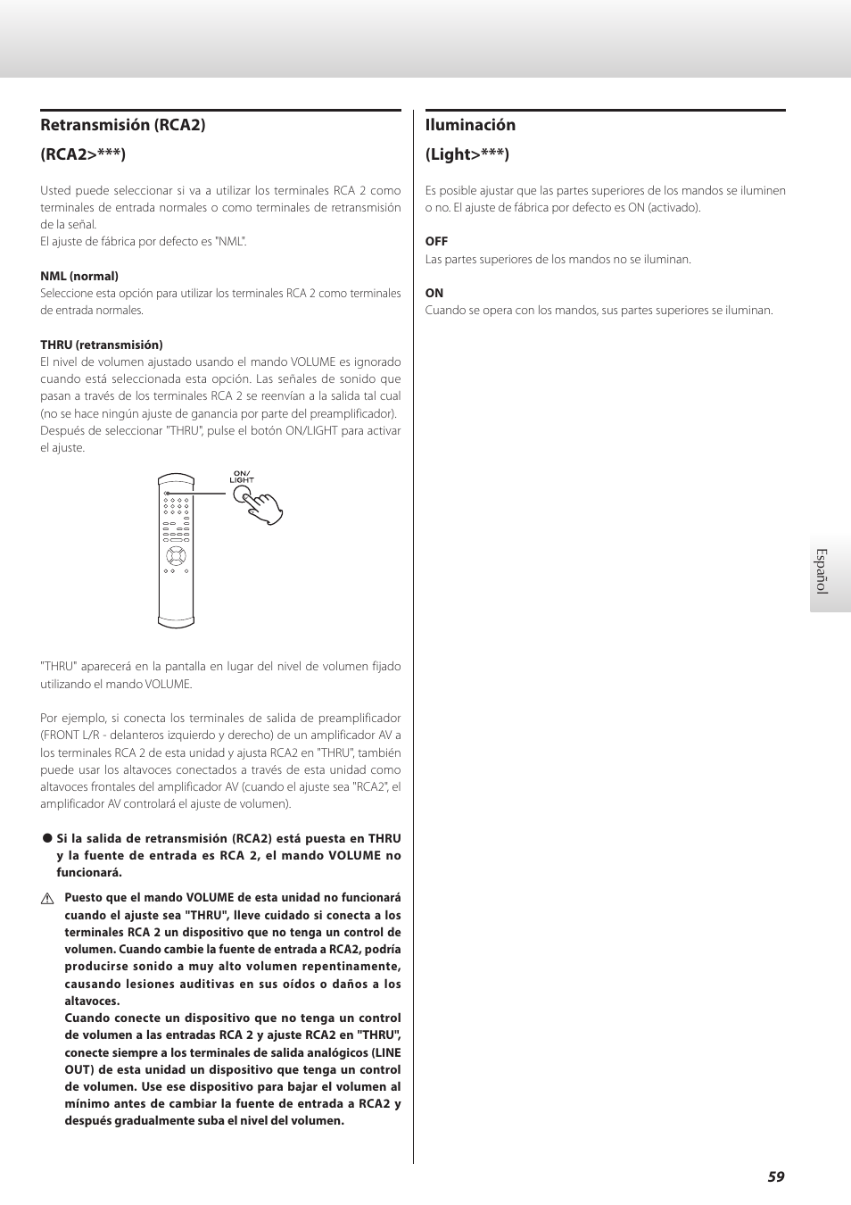 Ina 59), Iluminación (light>***), Retransmisión (rca2) (rca2>***) | Teac C-02 User Manual | Page 59 / 68