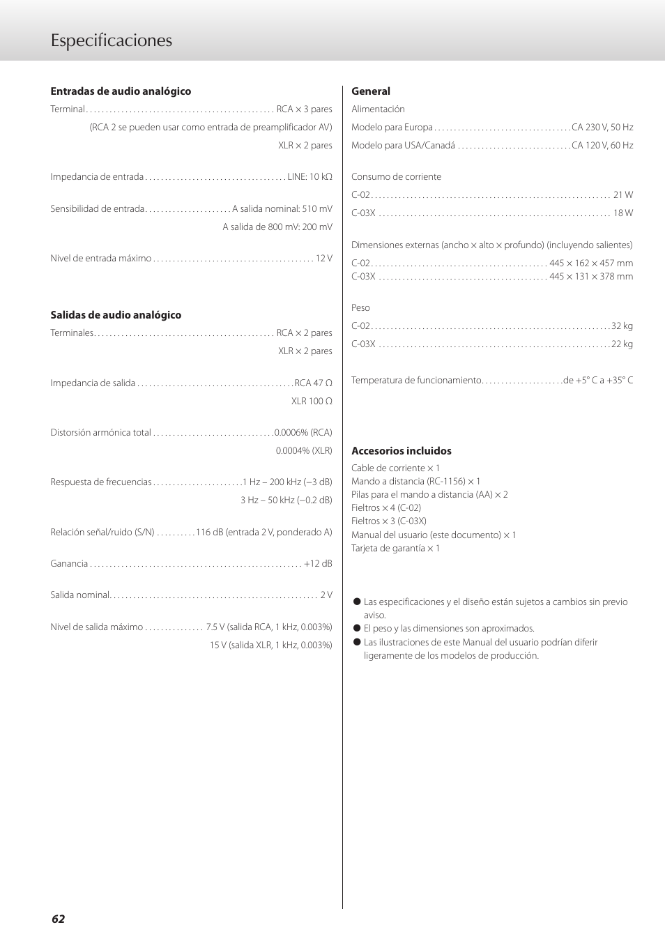 Especificaciones | Teac C-02 User Manual | Page 62 / 68