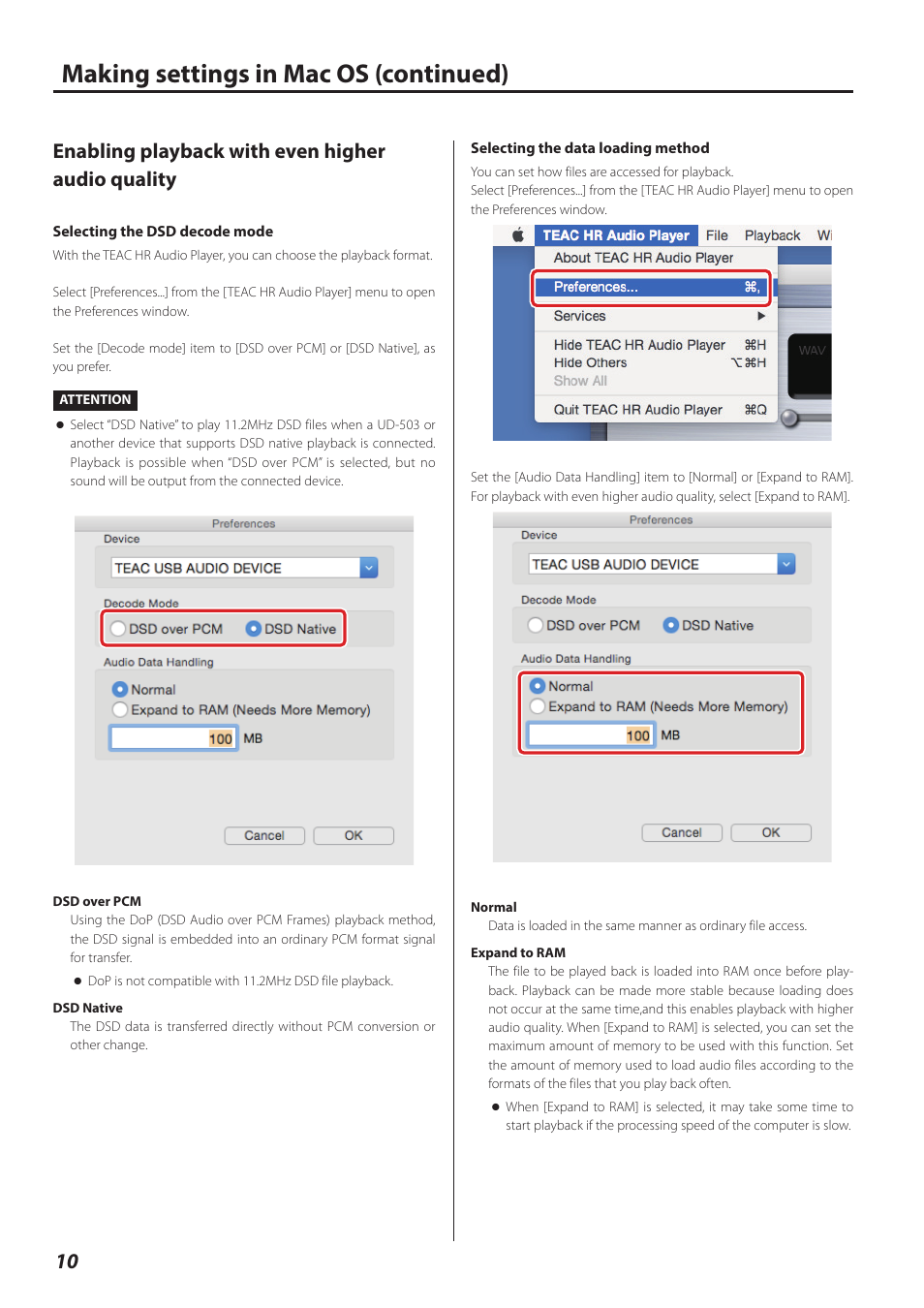 Enabling playback with even higher audio quality, Selecting the dsd decode mode, Selecting the data loading method | Making settings in mac os (continued) | Teac HR V.1 User Manual | Page 10 / 15