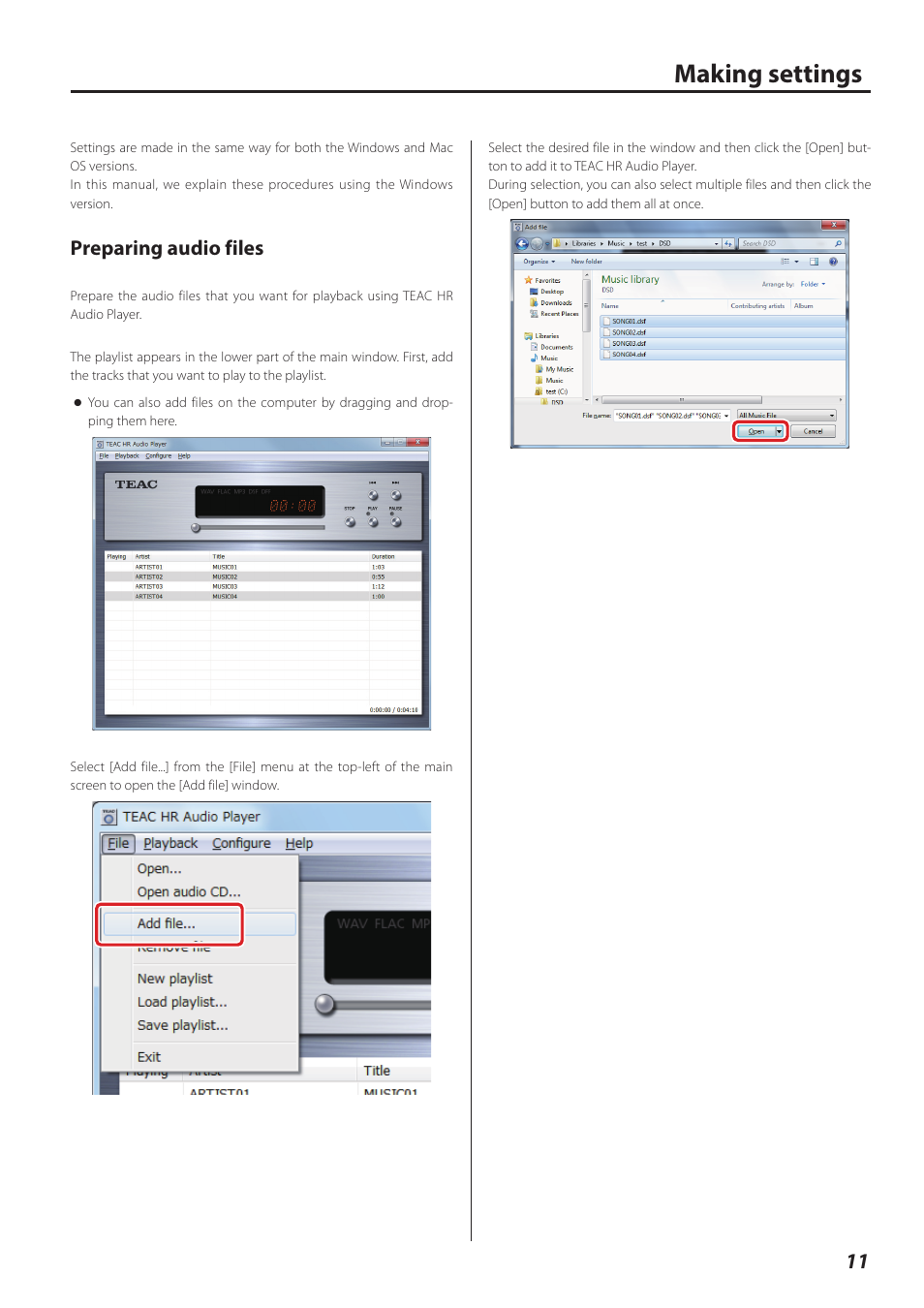 Making settings, Preparing audio files | Teac HR V.1 User Manual | Page 11 / 15