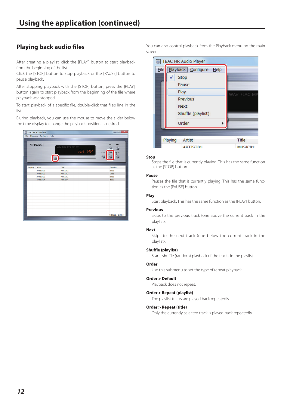 Playing back audio files, Using the application (continued) | Teac HR V.1 User Manual | Page 12 / 15