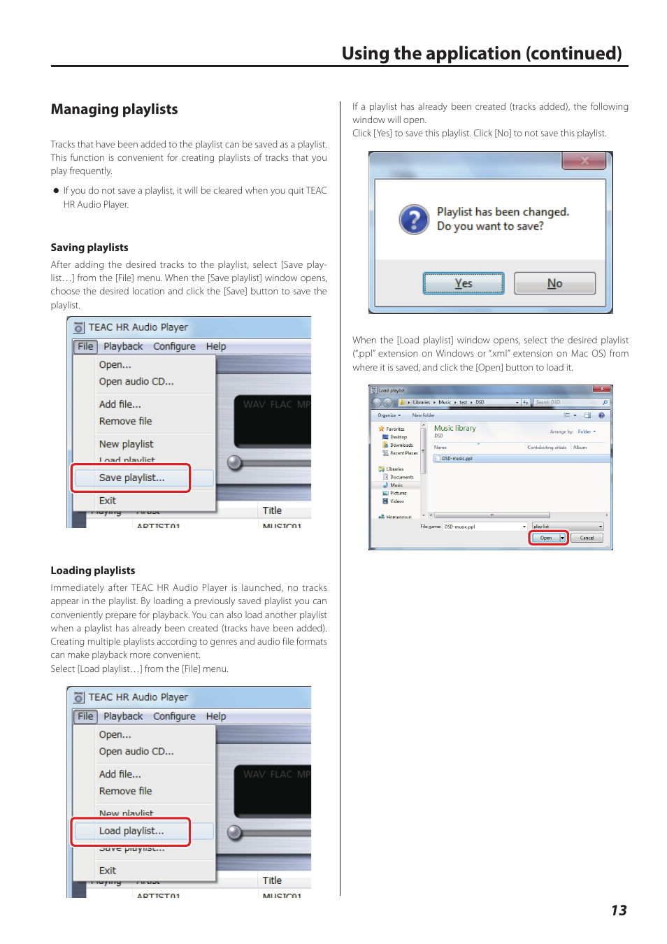 Managing playlists, Saving playlists, Loading playlists | Saving playlists loading playlists, Using the application (continued) | Teac HR V.1 User Manual | Page 13 / 15