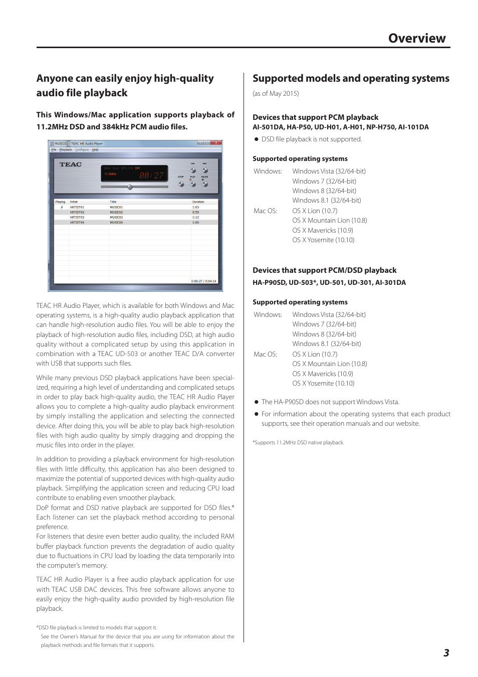 Overview, Supported models and operating systems | Teac HR V.1 User Manual | Page 3 / 15