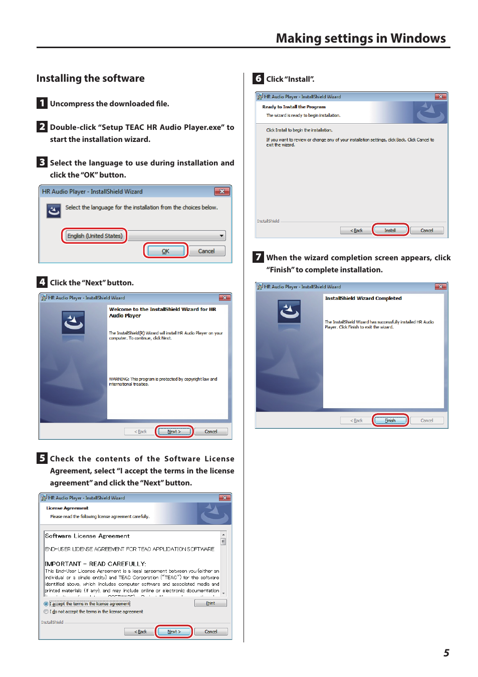 Making settings in windows, Installing the software | Teac HR V.1 User Manual | Page 5 / 15