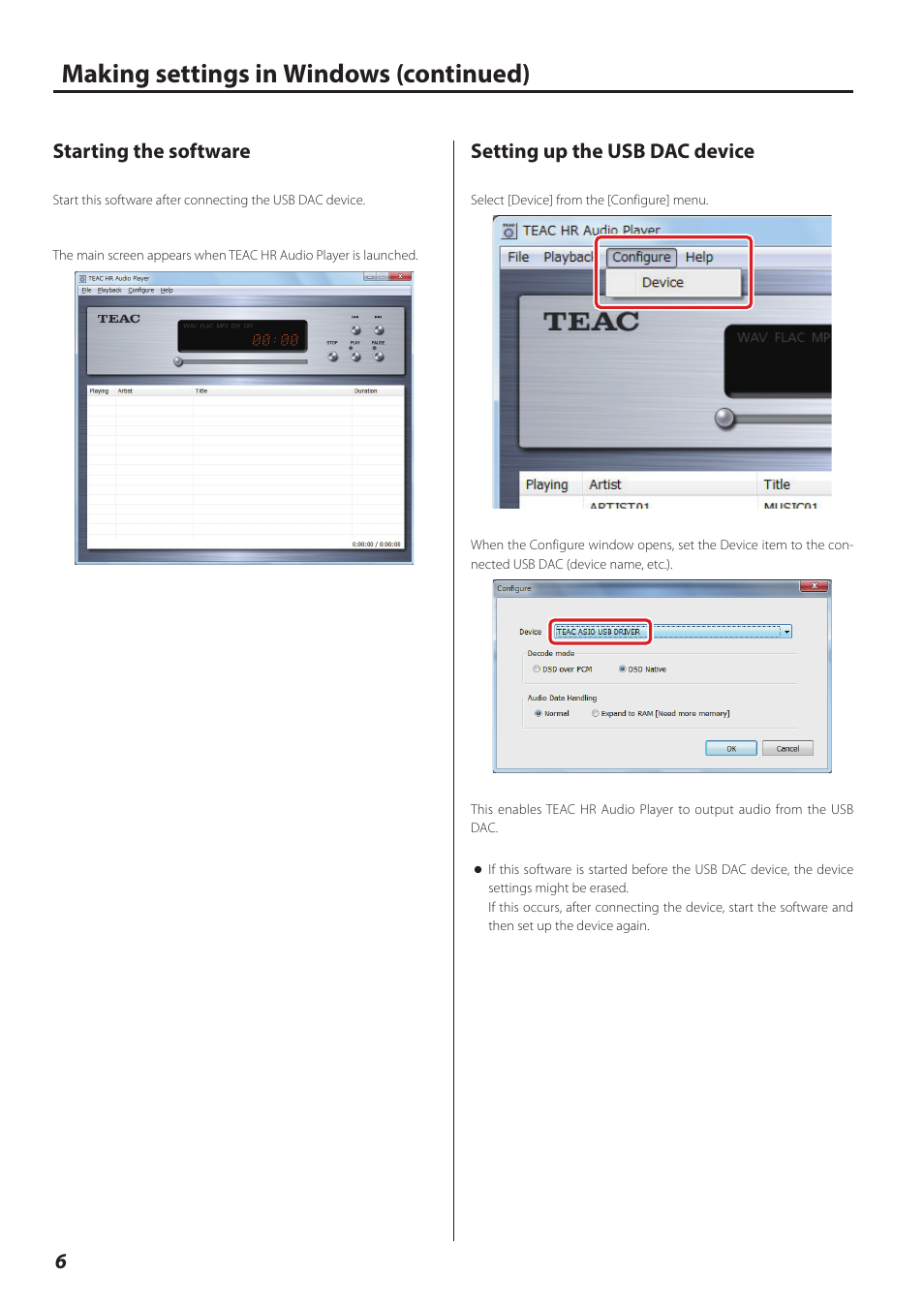 Starting the software, Setting up the usb dac device, Making settings in windows (continued) | Teac HR V.1 User Manual | Page 6 / 15