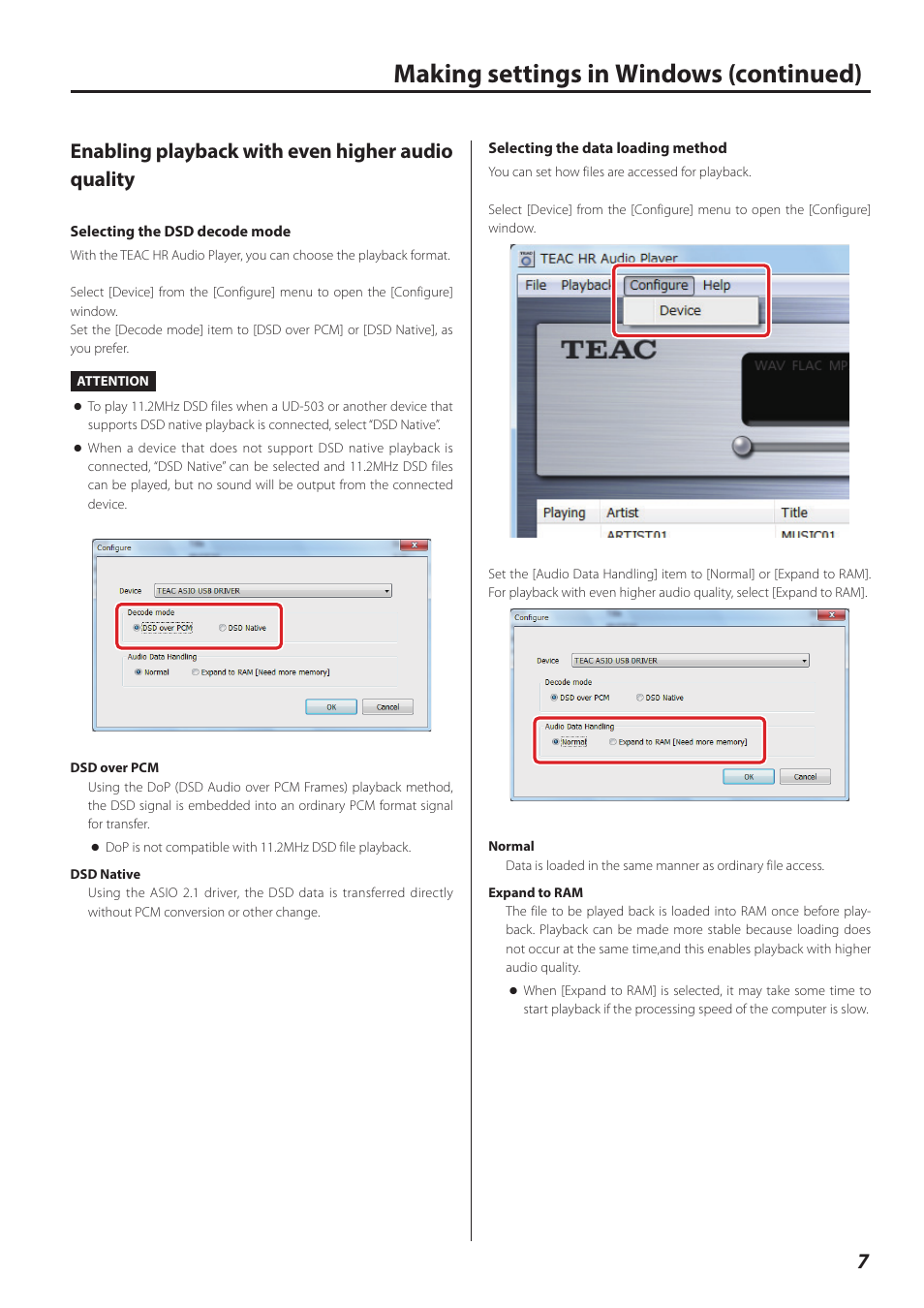 Enabling playback with even higher audio quality, Selecting the dsd decode mode, Selecting the data loading method | Making settings in windows (continued) | Teac HR V.1 User Manual | Page 7 / 15