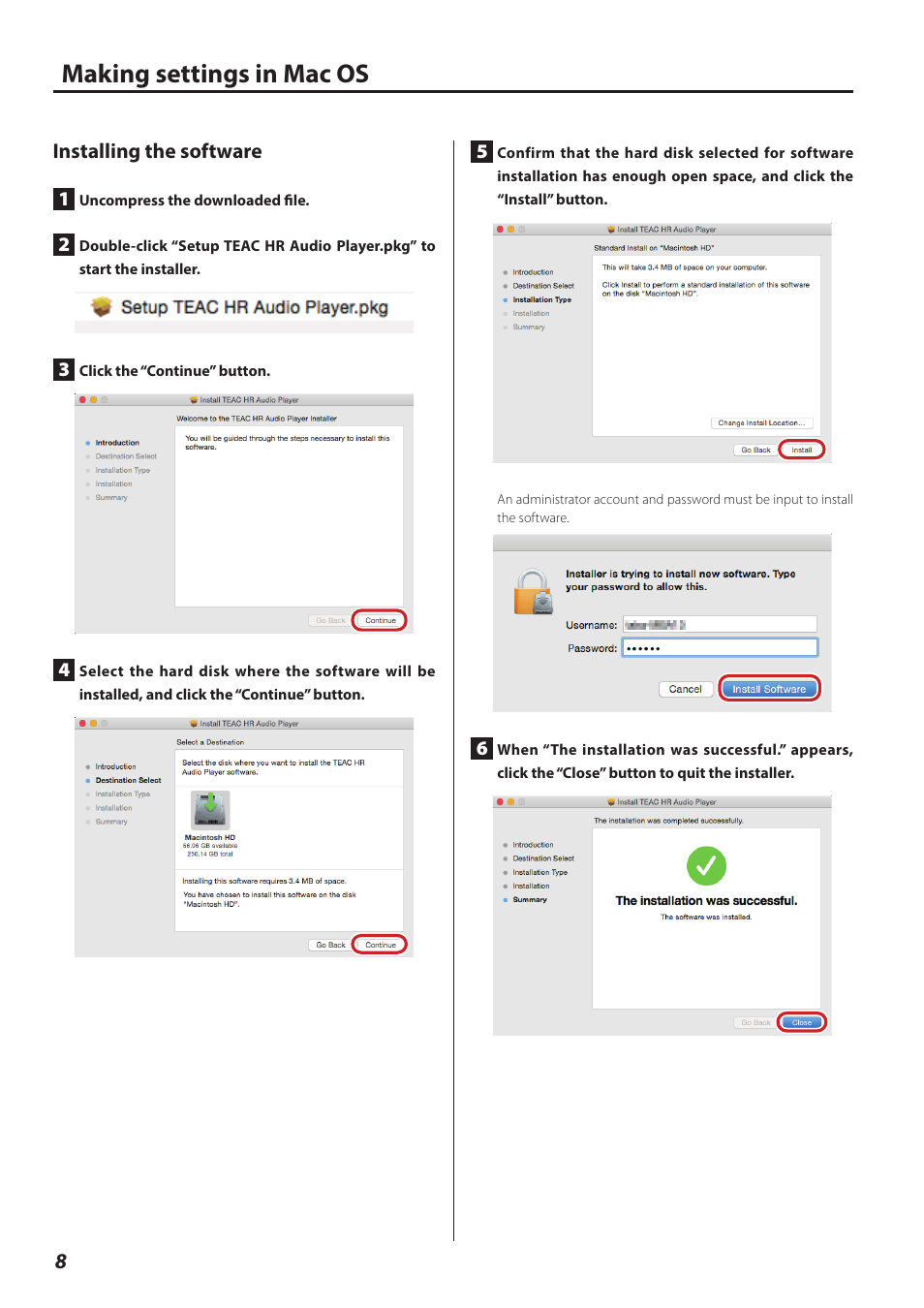 Making settings in mac os, Installing the software | Teac HR V.1 User Manual | Page 8 / 15