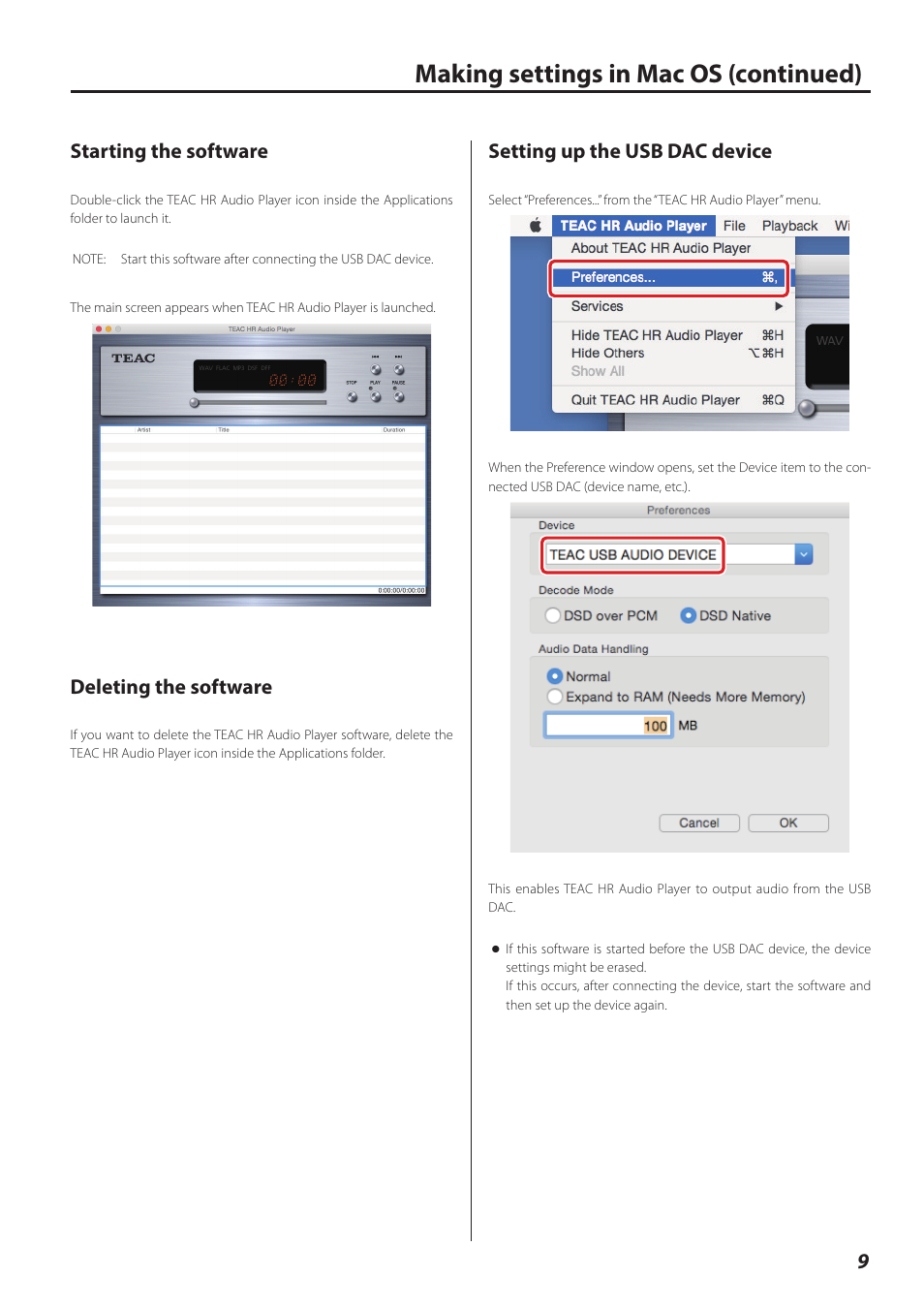 Starting the software, Deleting the software, Setting up the usb dac device | Making settings in mac os (continued) | Teac HR V.1 User Manual | Page 9 / 15