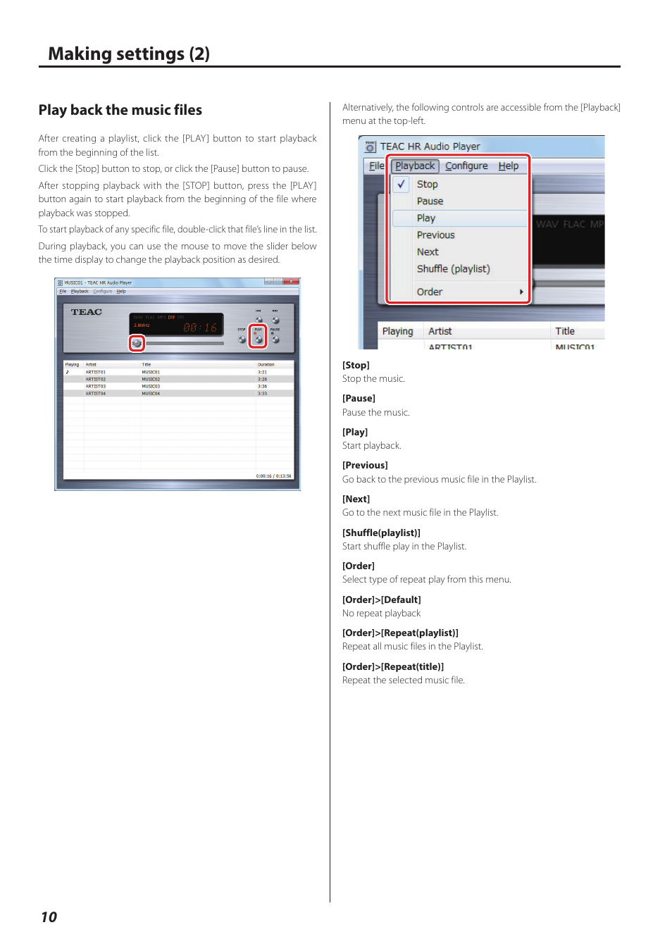 Play back the music files, Making settings (2) | Teac HR V.2 User Manual | Page 10 / 12