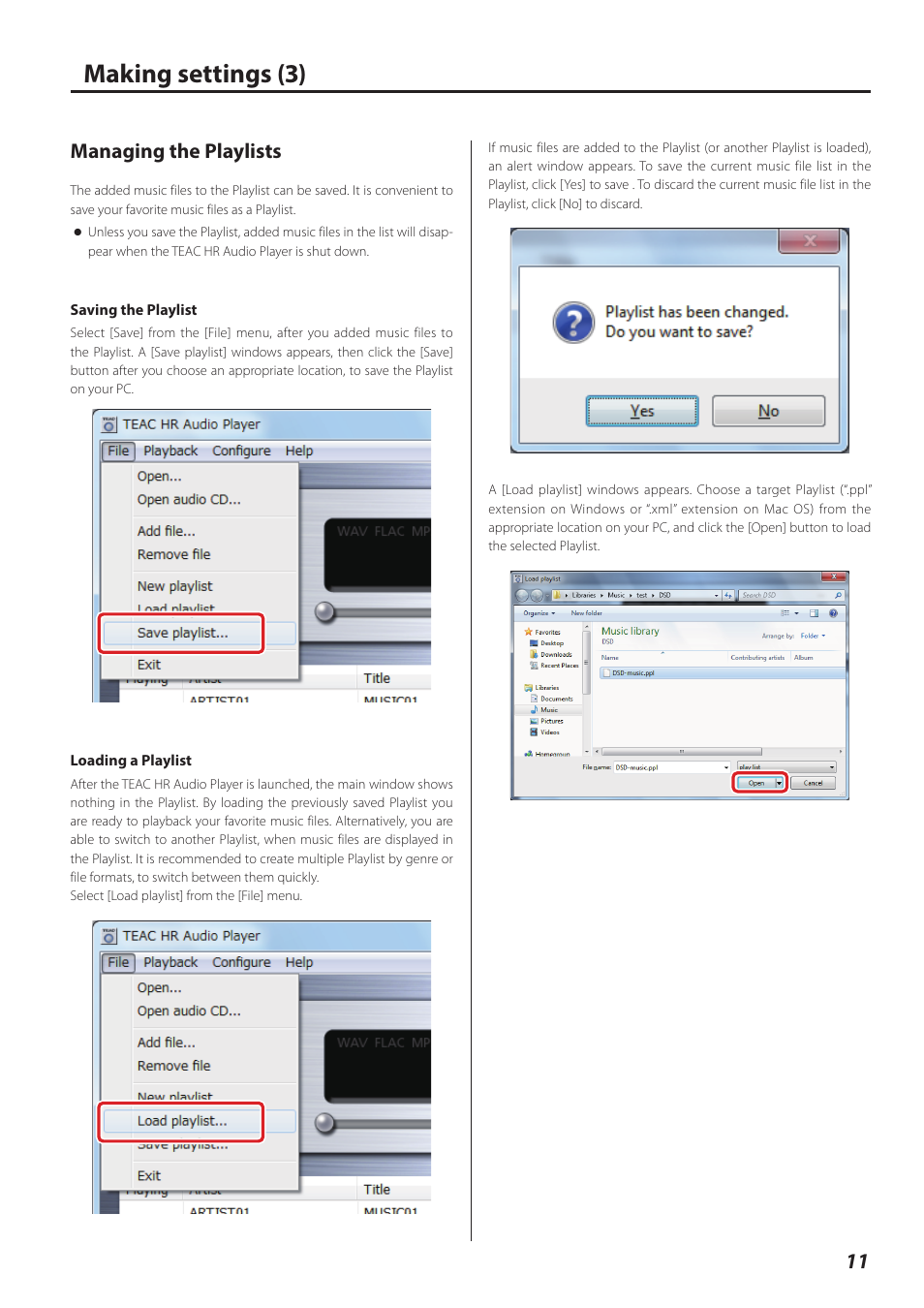 Managing the playlists, Making settings (3) | Teac HR V.2 User Manual | Page 11 / 12