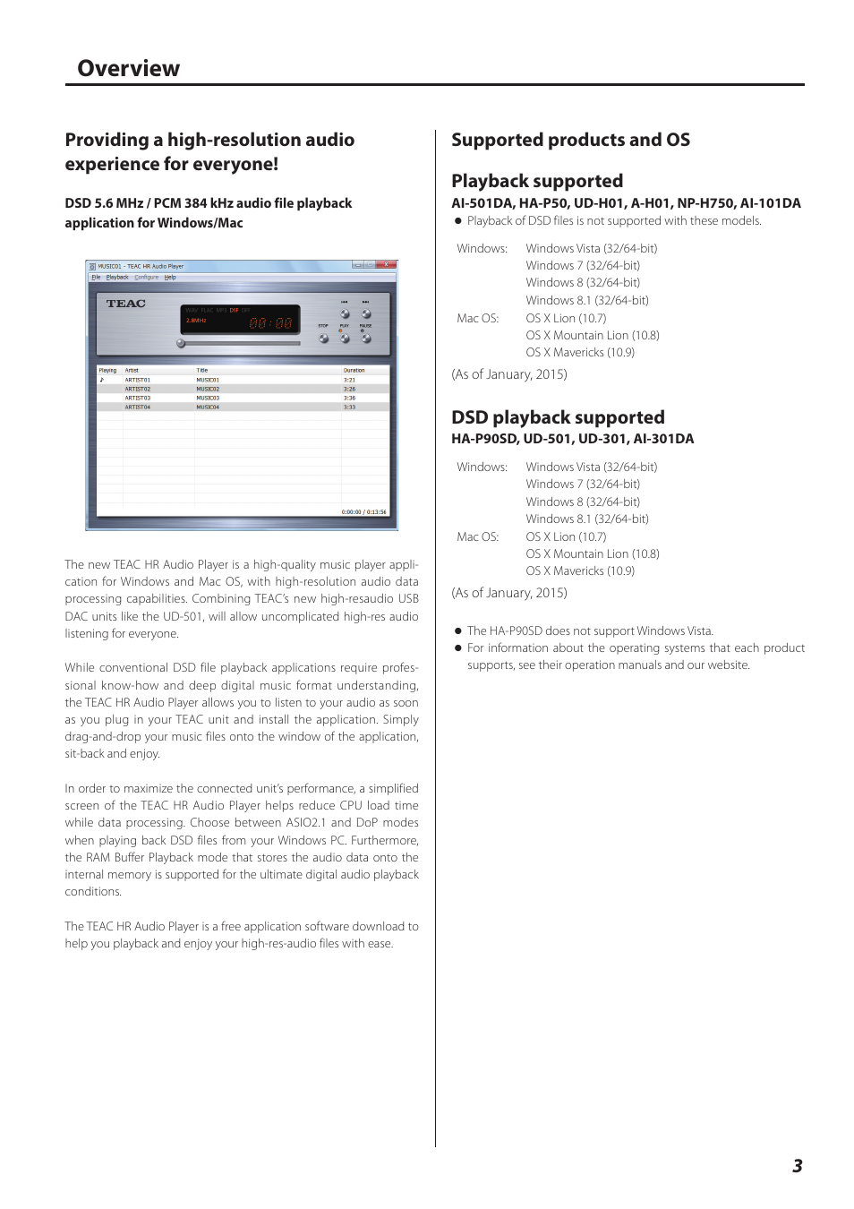 Overview, Supported products and os, Supported products and os playback supported | Dsd playback supported | Teac HR V.2 User Manual | Page 3 / 12