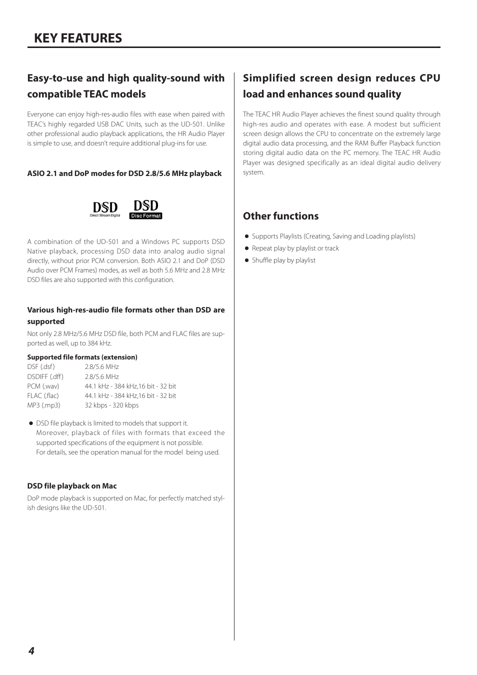 Key features, Other functions | Teac HR V.2 User Manual | Page 4 / 12