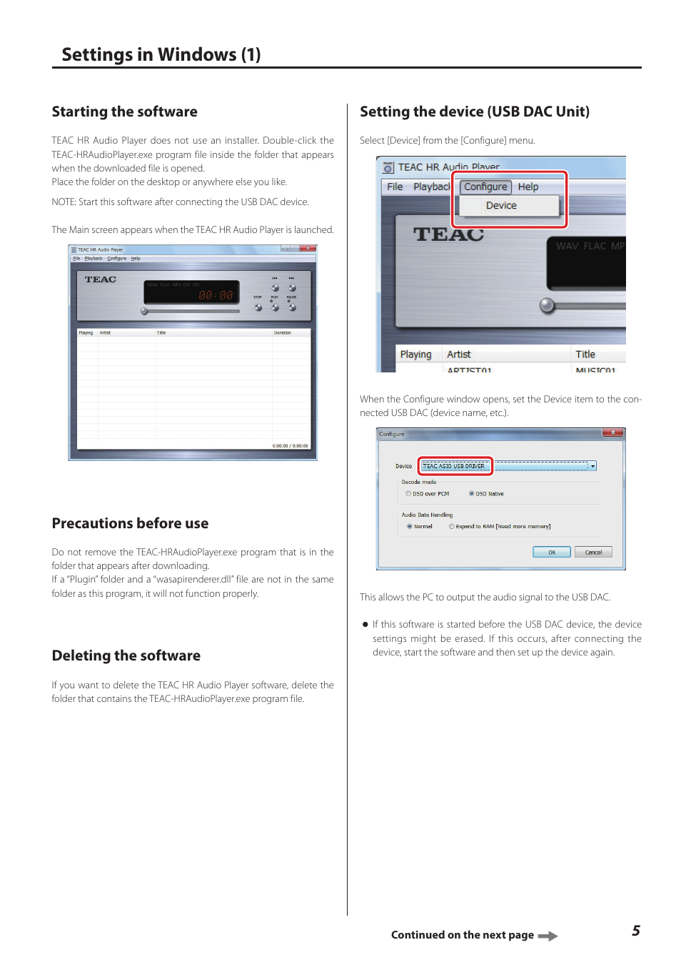 Settings in windows, Starting the software, Precautions before use | Deleting the software, Setting the device (usb dac unit), Settings in windows (1) | Teac HR V.2 User Manual | Page 5 / 12