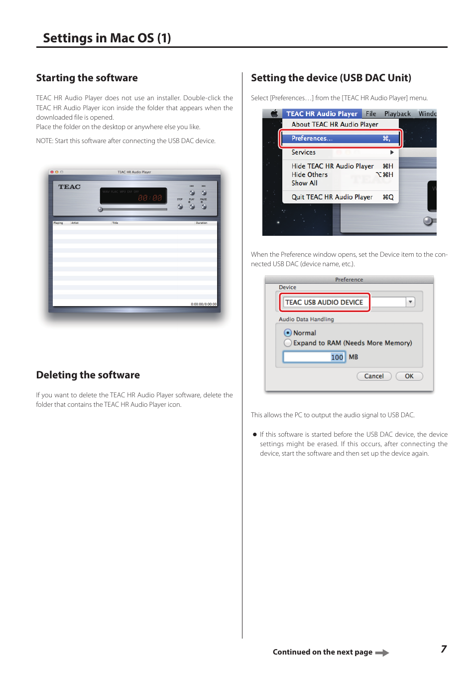 Settings in mac os, Starting the software, Deleting the software | Setting the device (usb dac unit), Settings in mac os (1) | Teac HR V.2 User Manual | Page 7 / 12