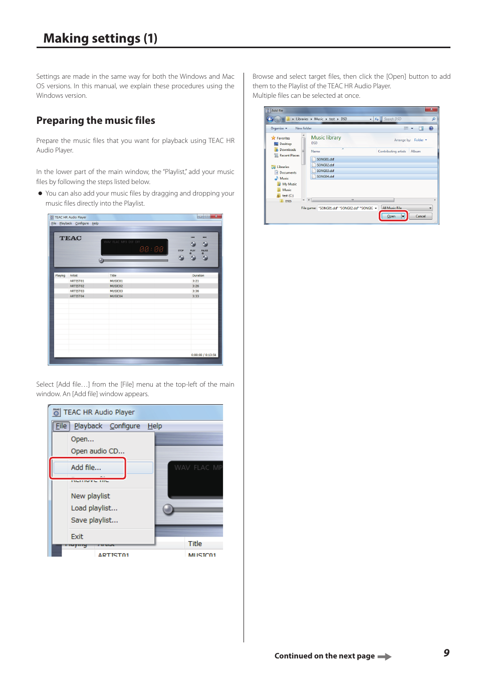 Making settings, Preparing the music files, Making settings (1) | Teac HR V.2 User Manual | Page 9 / 12