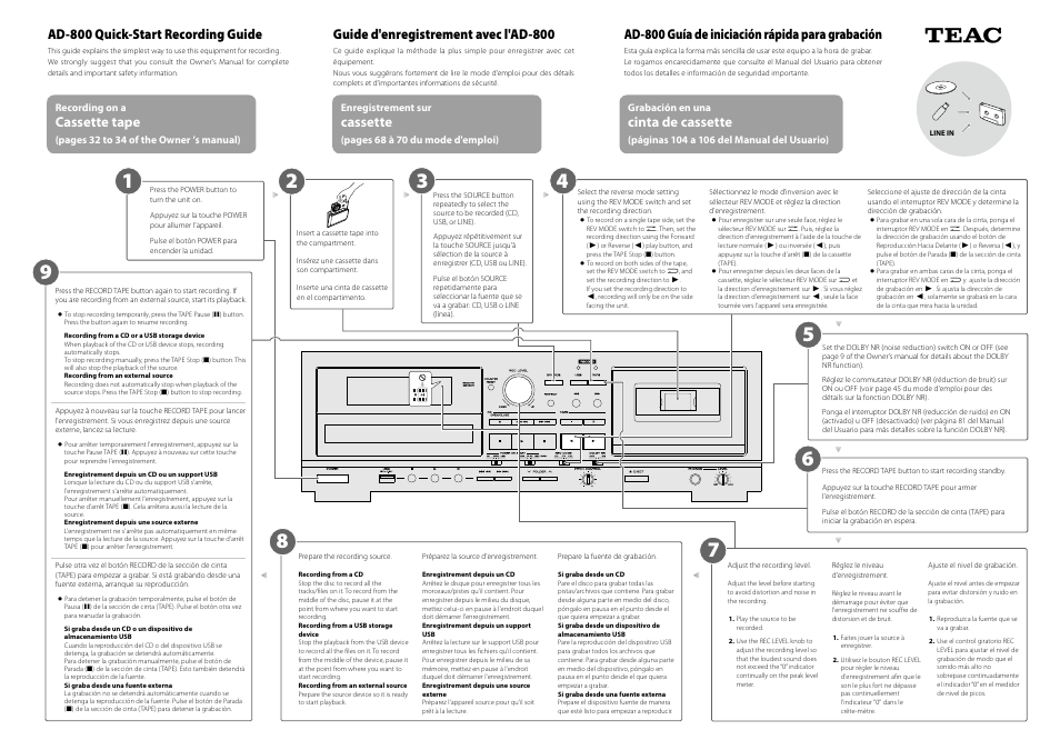 Recording on a cassette tape, Enregistrement surcassette, Grabación en unacinta de cassette | Ad-800 quick-start recording guide, Guide d'enregistrement avec l'ad-800, Ad-800 guía de iniciación rápida para grabación, Cassette tape, Cassette, Cinta de cassette | Teac AD-800 Quick Start User Manual | Page 2 / 2