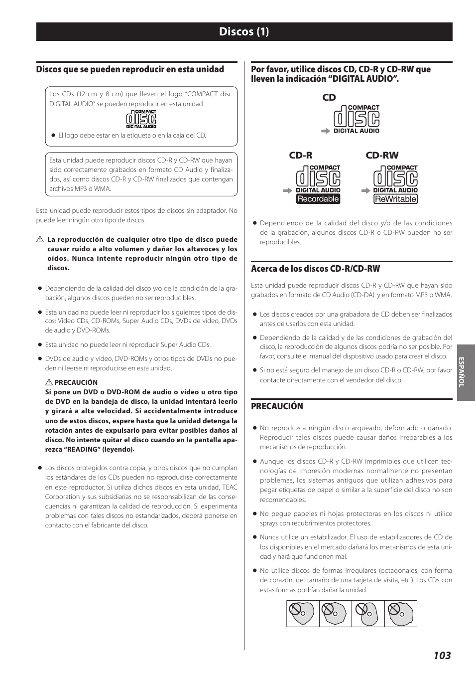 Discos, Discos (1), Discos que se pueden reproducir en esta unidad | Acerca de los discos cd-r/cd-rw, Precaución | Teac AD-RW900-B User Manual | Page 103 / 148