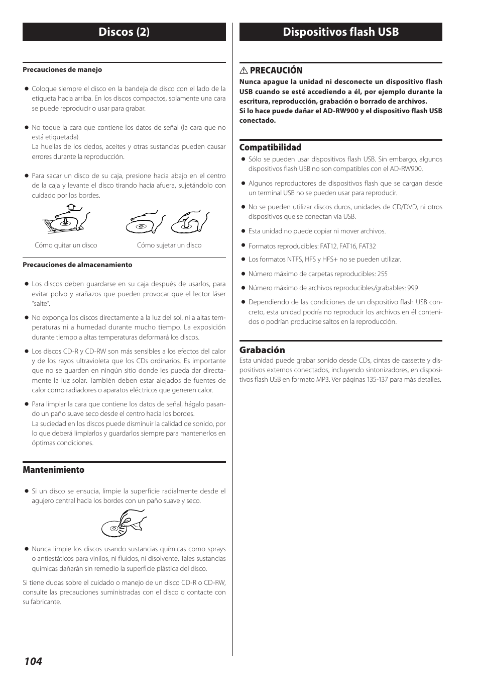 Dispositivos flash usb, Discos (2) dispositivos flash usb, Mantenimiento | Precaución, Compatibilidad, Grabación | Teac AD-RW900-B User Manual | Page 104 / 148