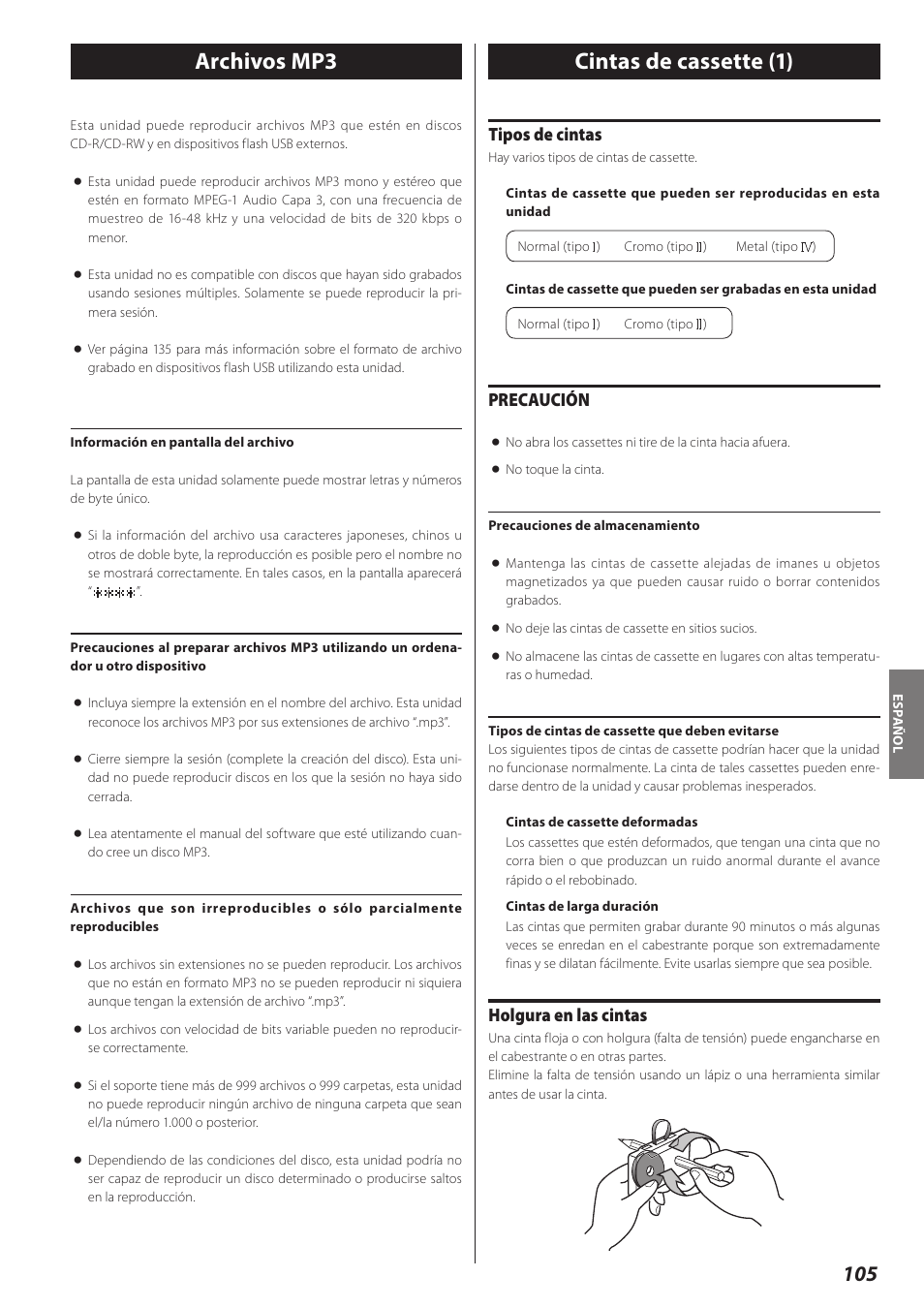 Archivos mp3, Cintas de cassette, Cintas de cassette (1) | Tipos de cintas, Precaución, Holgura en las cintas | Teac AD-RW900-B User Manual | Page 105 / 148