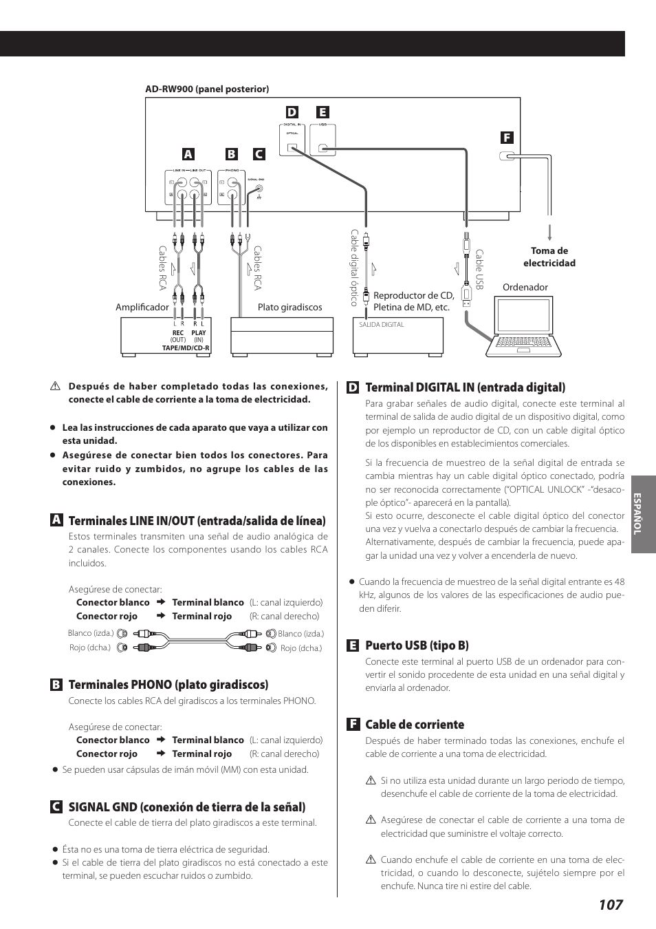 Terminal digital in (entrada digital), Puerto usb (tipo b), Fcable de corriente | Aterminales line in/out (entrada/salida de línea), Terminales phono (plato giradiscos), Signal gnd (conexión de tierra de la señal) | Teac AD-RW900-B User Manual | Page 107 / 148