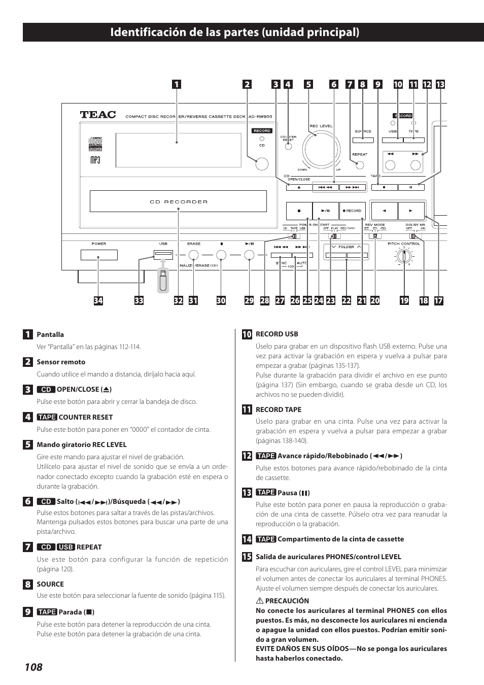 Identificación de las partes (unidad principal) | Teac AD-RW900-B User Manual | Page 108 / 148