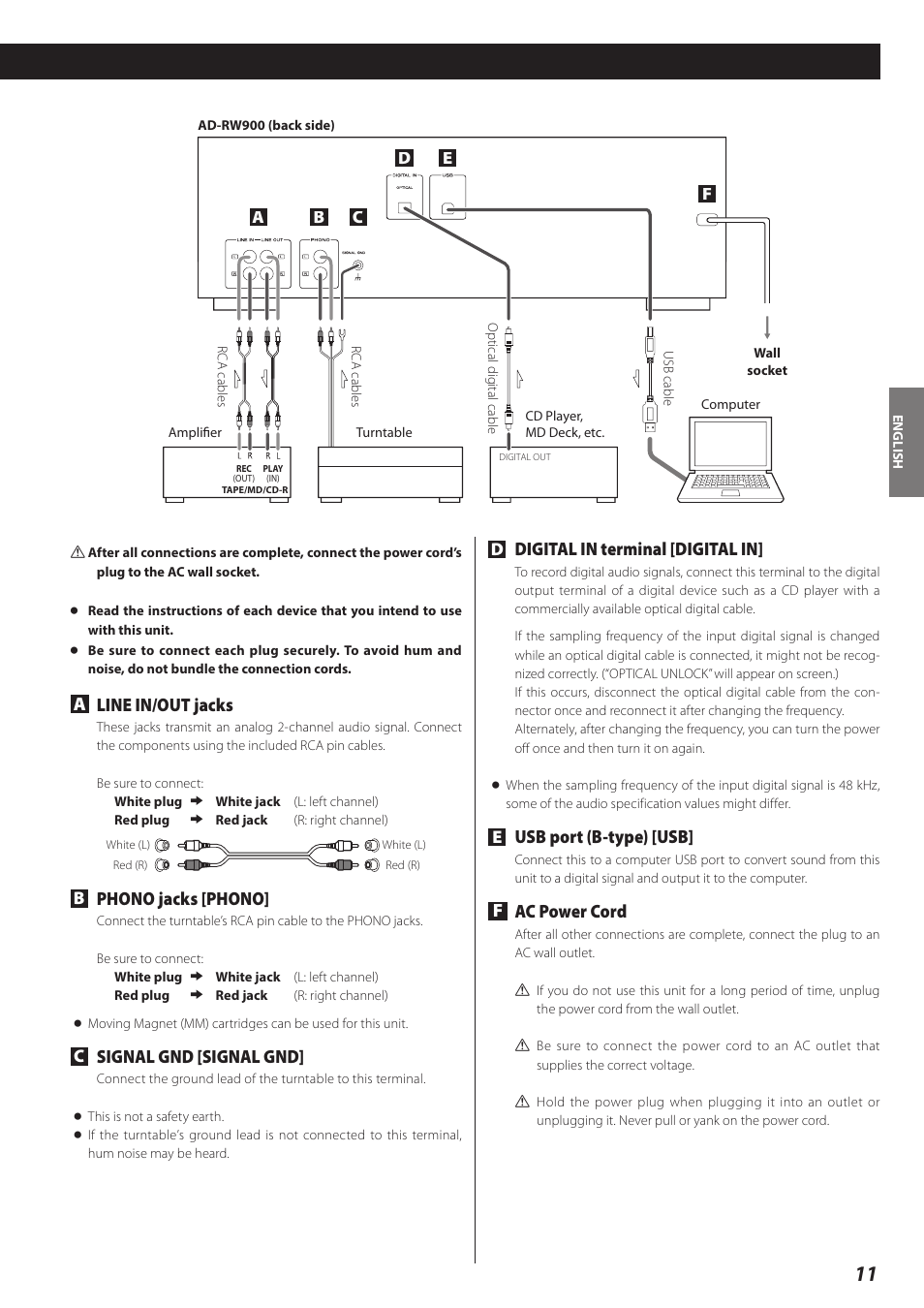 Digital in terminal [digital in, Usb port (b-type) [usb, Fac power cord | Aline in/out jacks, Phono jacks [phono, Signal gnd [signal gnd | Teac AD-RW900-B User Manual | Page 11 / 148