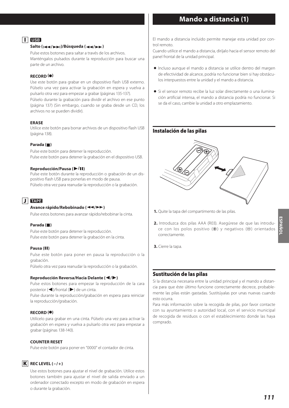 Mando a distancia, Mando a distancia (1), Instalación de las pilas | Sustitución de las pilas | Teac AD-RW900-B User Manual | Page 111 / 148