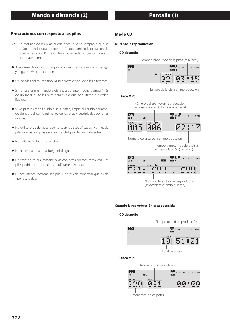 Pantalla, Pantalla (1), Mando a distancia (2) | Modo cd, Precauciones con respecto a las pilas | Teac AD-RW900-B User Manual | Page 112 / 148