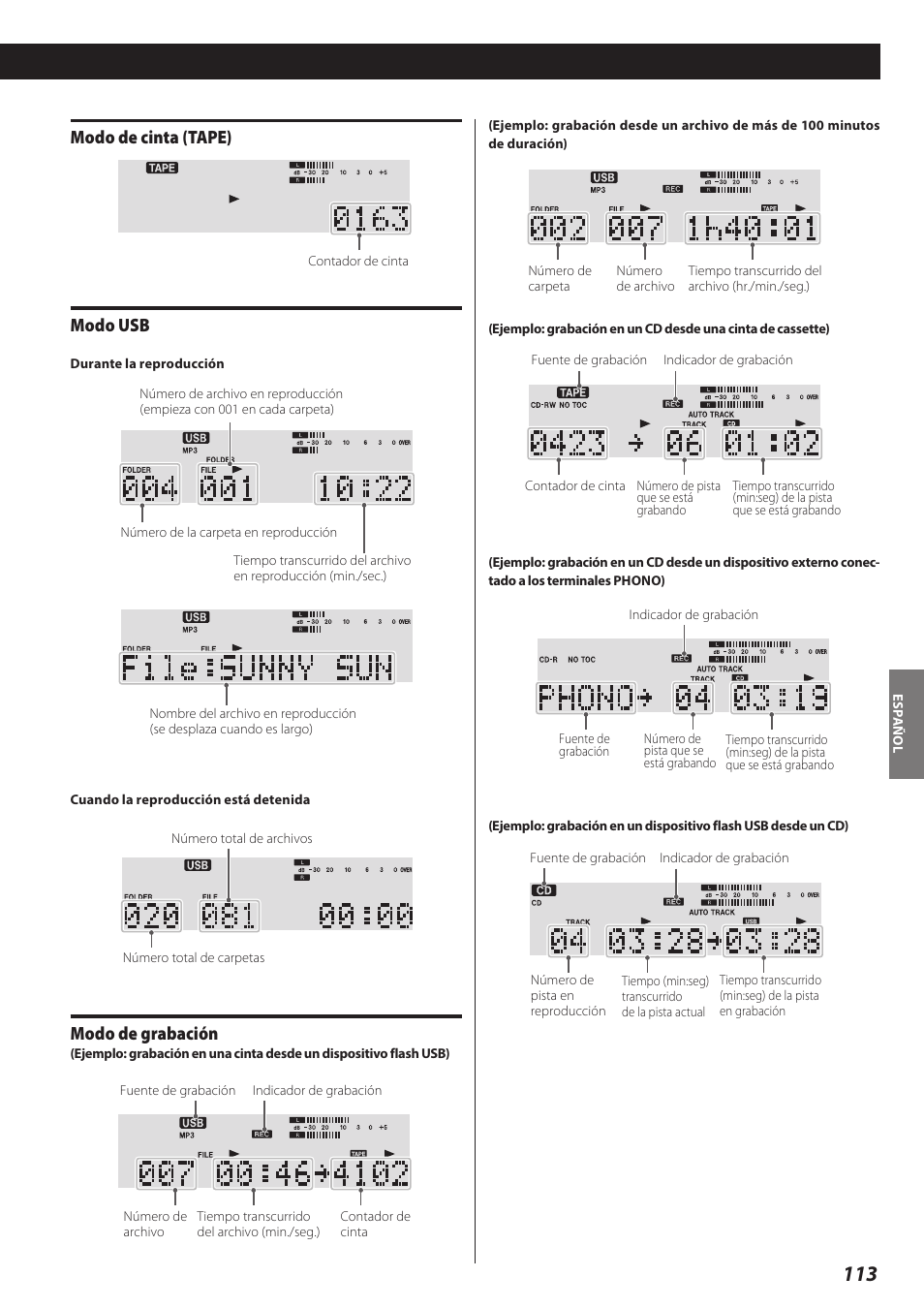 Modo de cinta (tape), Modo usb, Modo de grabación | Teac AD-RW900-B User Manual | Page 113 / 148