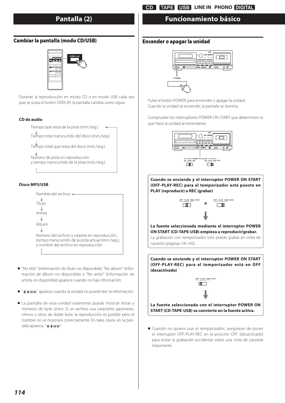 Funcionamiento básico, Pantalla (2), Encender o apagar la unidad | Cambiar la pantalla (modo cd/usb) | Teac AD-RW900-B User Manual | Page 114 / 148