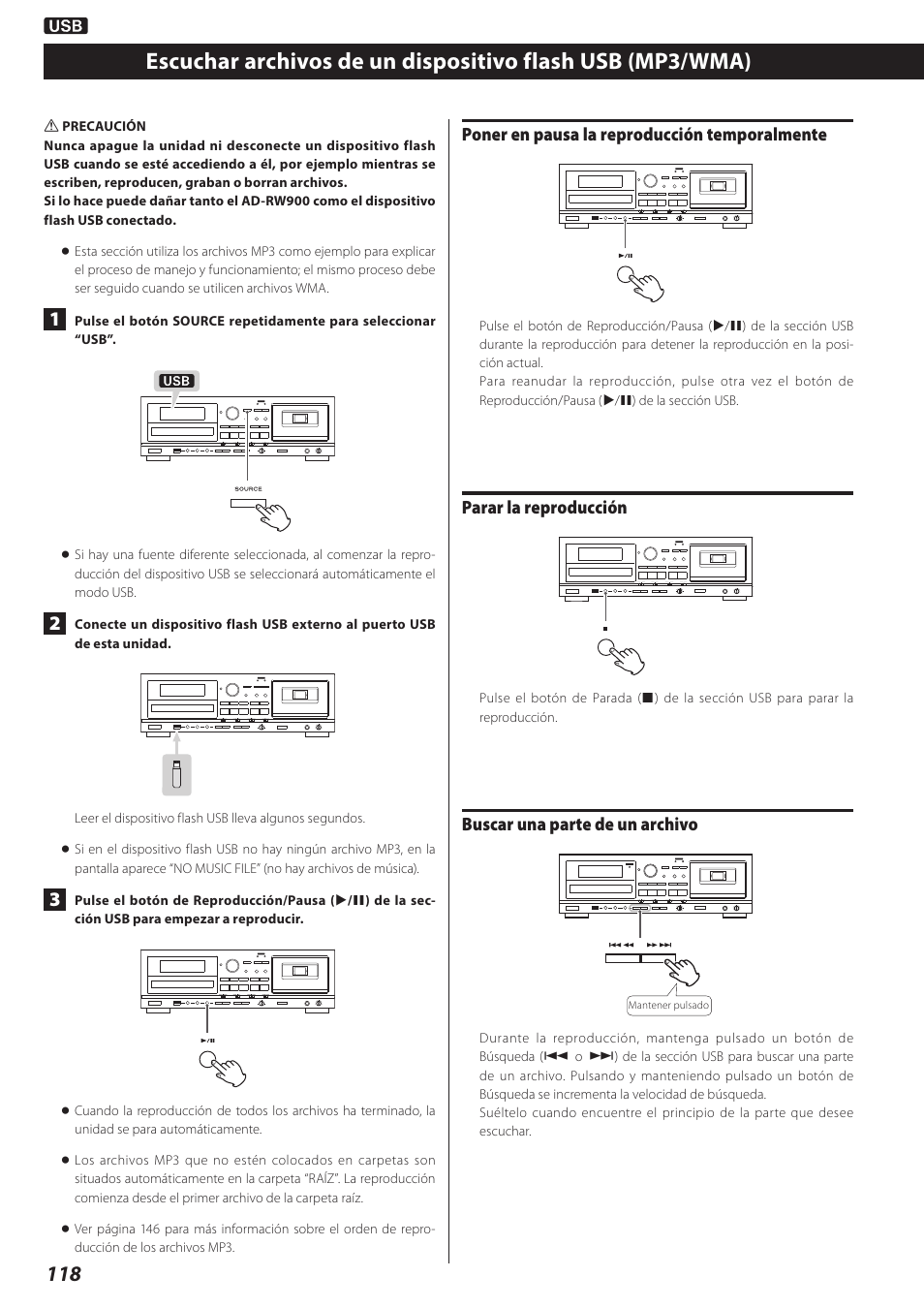 Poner en pausa la reproducción temporalmente, Parar la reproducción, Buscar una parte de un archivo | Teac AD-RW900-B User Manual | Page 118 / 148