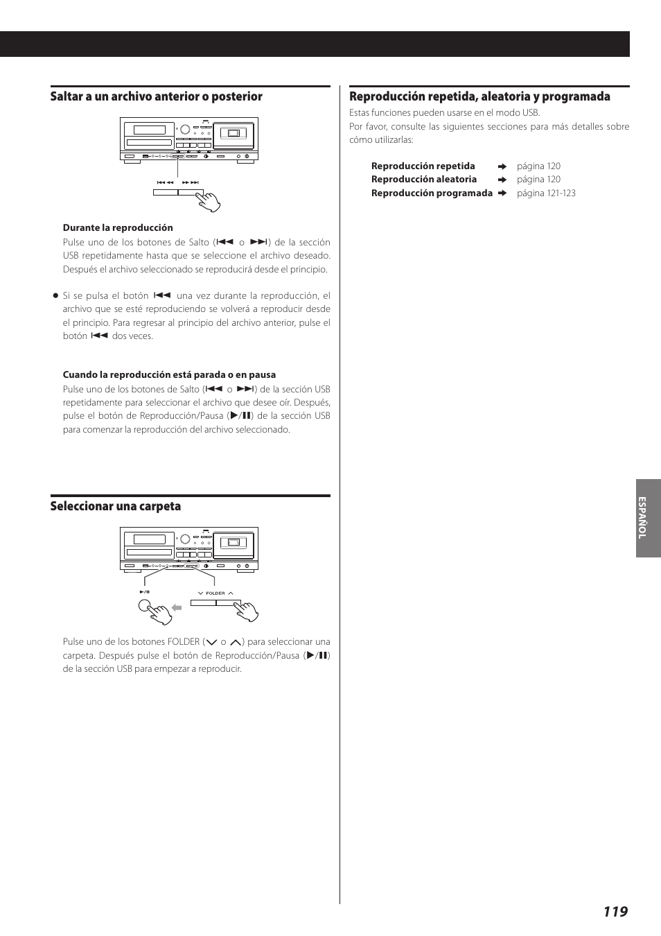 Saltar a un archivo anterior o posterior, Seleccionar una carpeta, Reproducción repetida, aleatoria y programada | Teac AD-RW900-B User Manual | Page 119 / 148