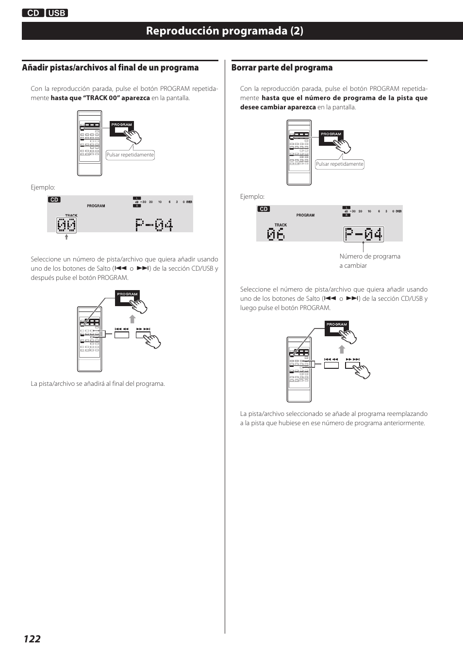 Reproducción programada (2), Añadir pistas/archivos al final de un programa, Borrar parte del programa | Teac AD-RW900-B User Manual | Page 122 / 148