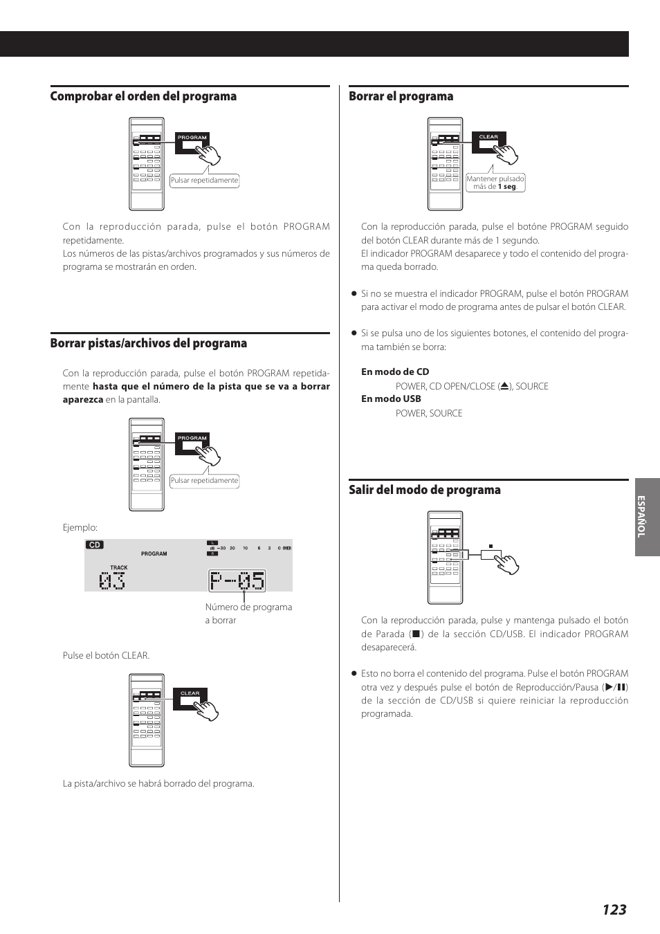 Borrar el programa, Salir del modo de programa, Comprobar el orden del programa | Borrar pistas/archivos del programa | Teac AD-RW900-B User Manual | Page 123 / 148