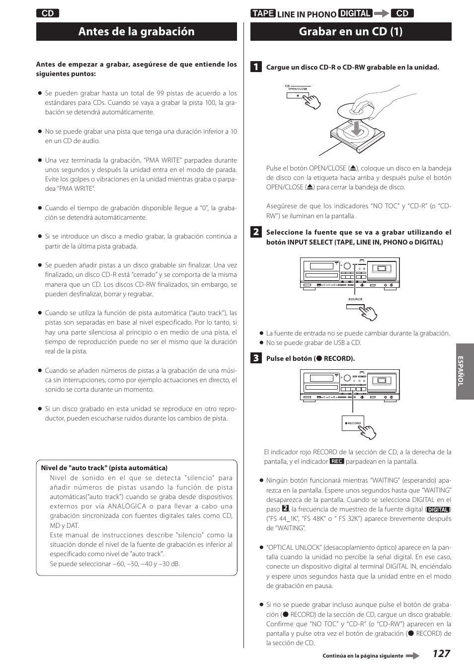 Antes de la grabación, Grabar en un cd, Grabar en un cd (1) | Teac AD-RW900-B User Manual | Page 127 / 148