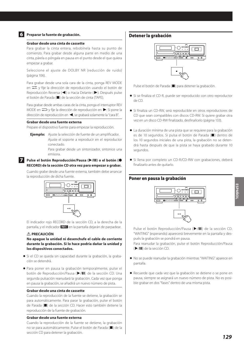 Detener la grabación, Poner en pausa la grabación | Teac AD-RW900-B User Manual | Page 129 / 148