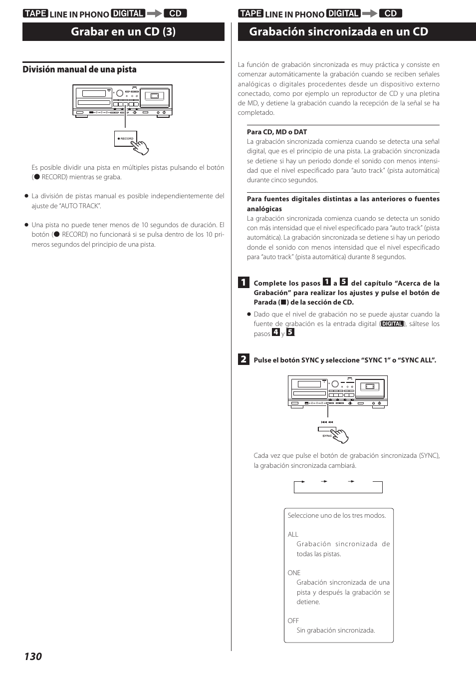 Grabación sincronizada en un cd, División manual de una pista | Teac AD-RW900-B User Manual | Page 130 / 148