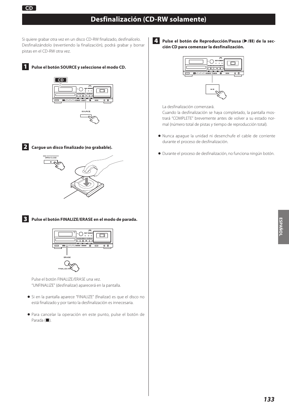 Desfinalización (cd-rw solamente) | Teac AD-RW900-B User Manual | Page 133 / 148