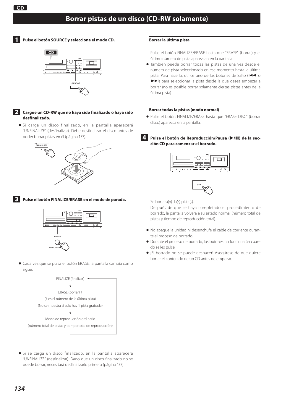 Borrar pistas de un disco (cd-rw solamente) | Teac AD-RW900-B User Manual | Page 134 / 148