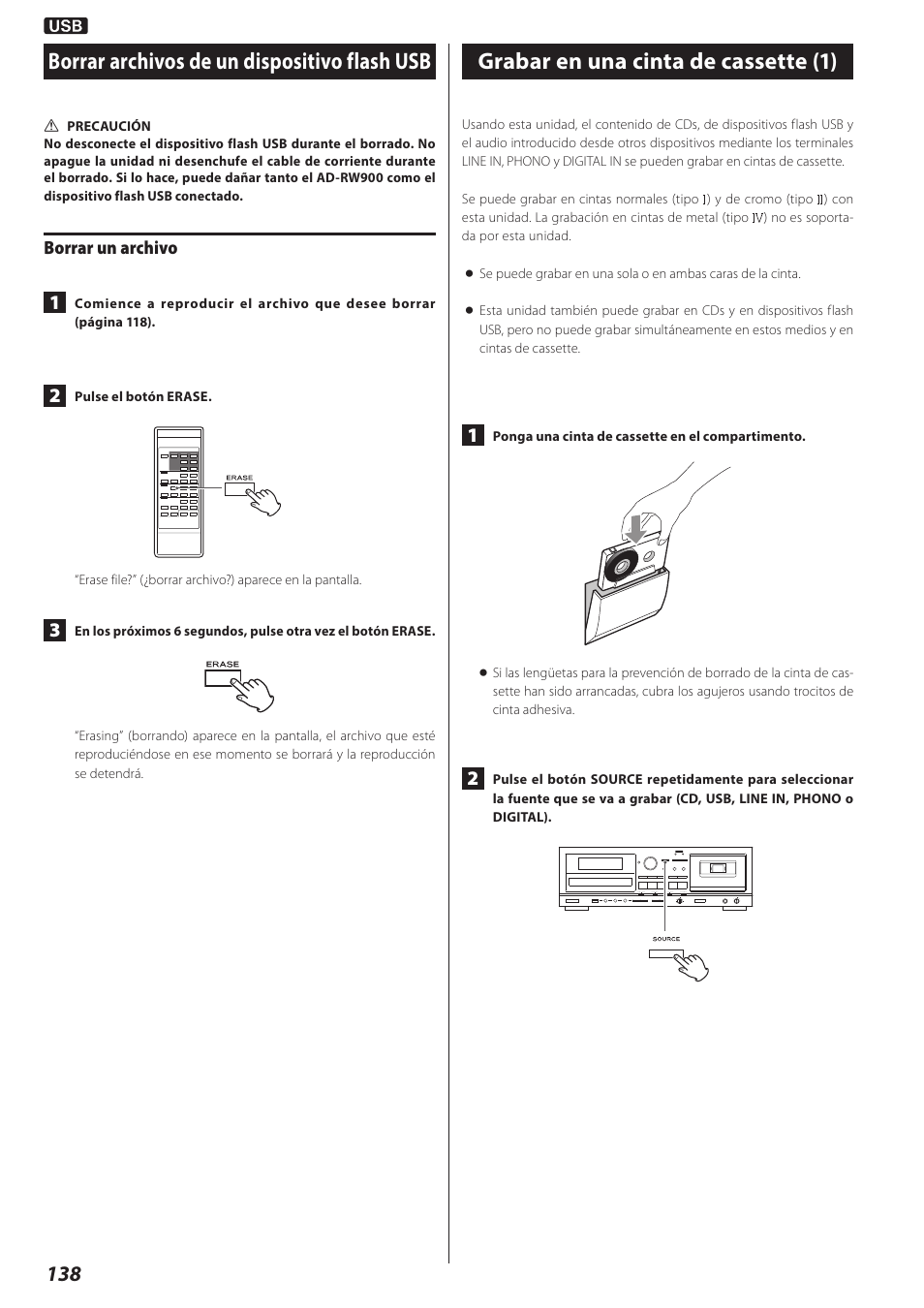 Borrar archivos de un dispositivo flash usb, Grabar en una cinta de cassette, Grabar en una cinta de cassette (1) | Teac AD-RW900-B User Manual | Page 138 / 148