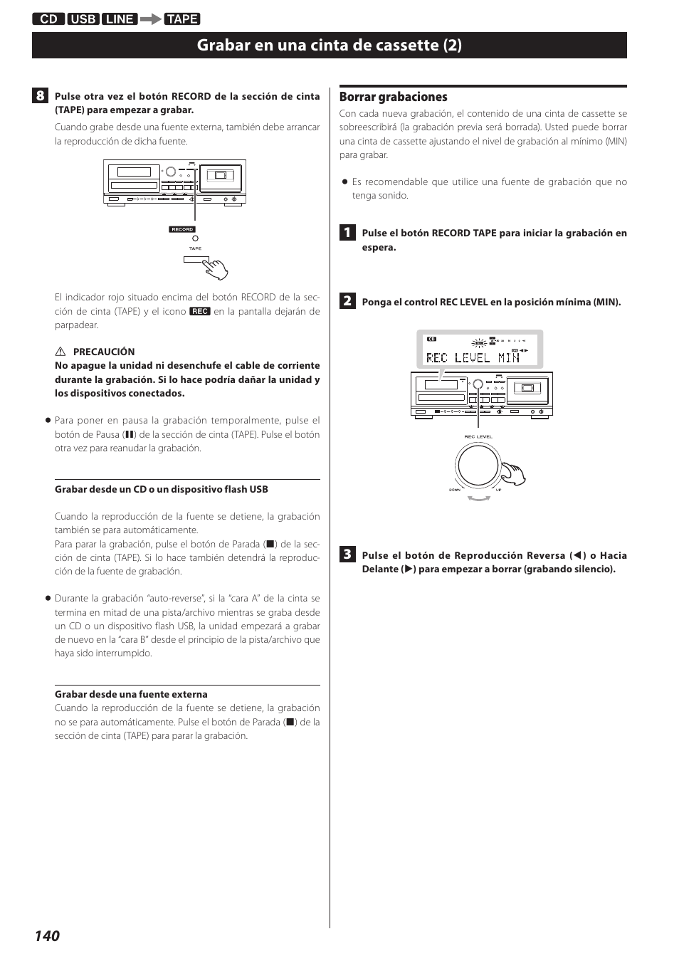 Grabar en una cinta de cassette (2), Borrar grabaciones | Teac AD-RW900-B User Manual | Page 140 / 148