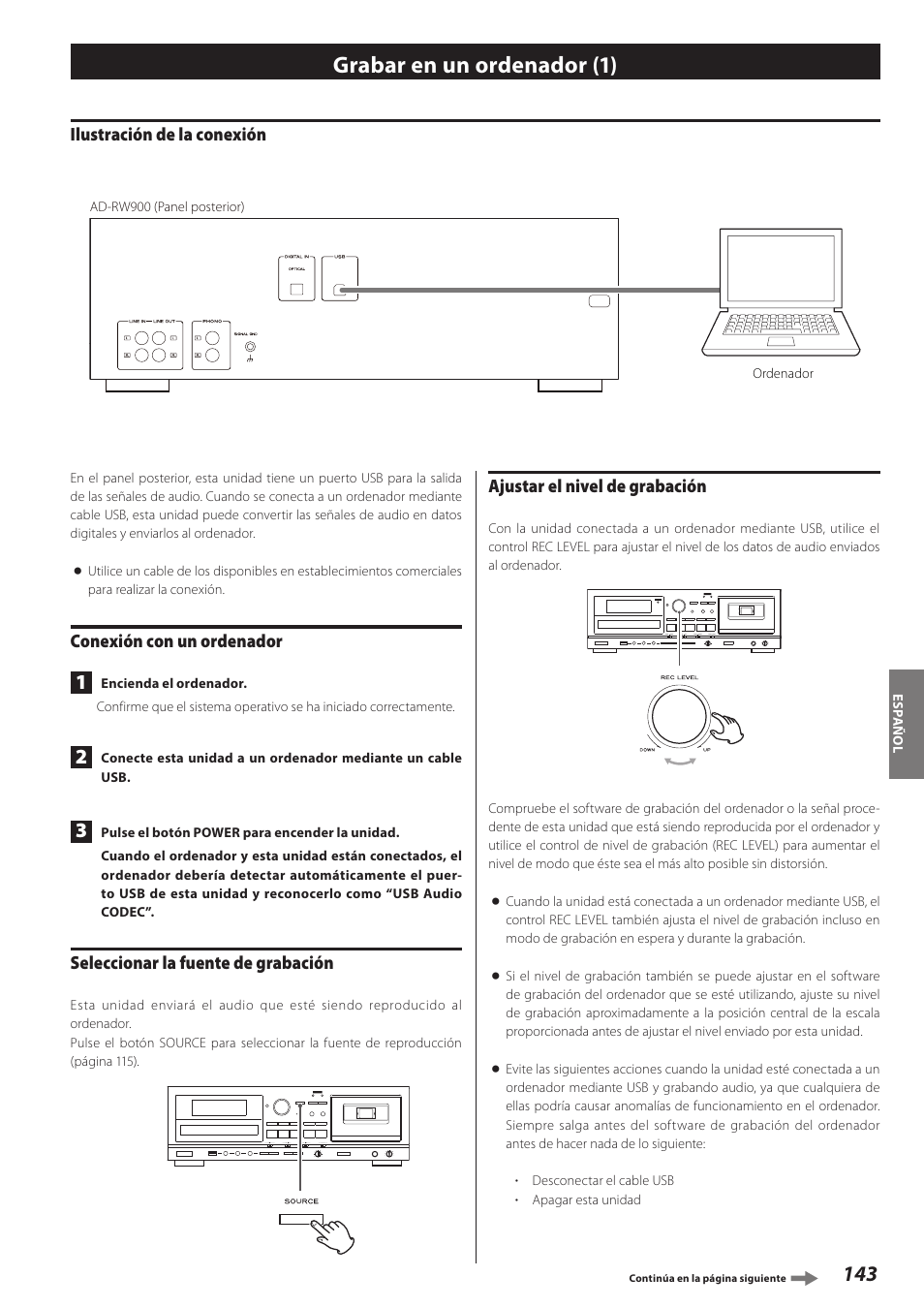 Grabar en un ordenador, Grabar en un ordenador (1), Ilustración de la conexión | Conexión con un ordenador, Seleccionar la fuente de grabación, Ajustar el nivel de grabación | Teac AD-RW900-B User Manual | Page 143 / 148