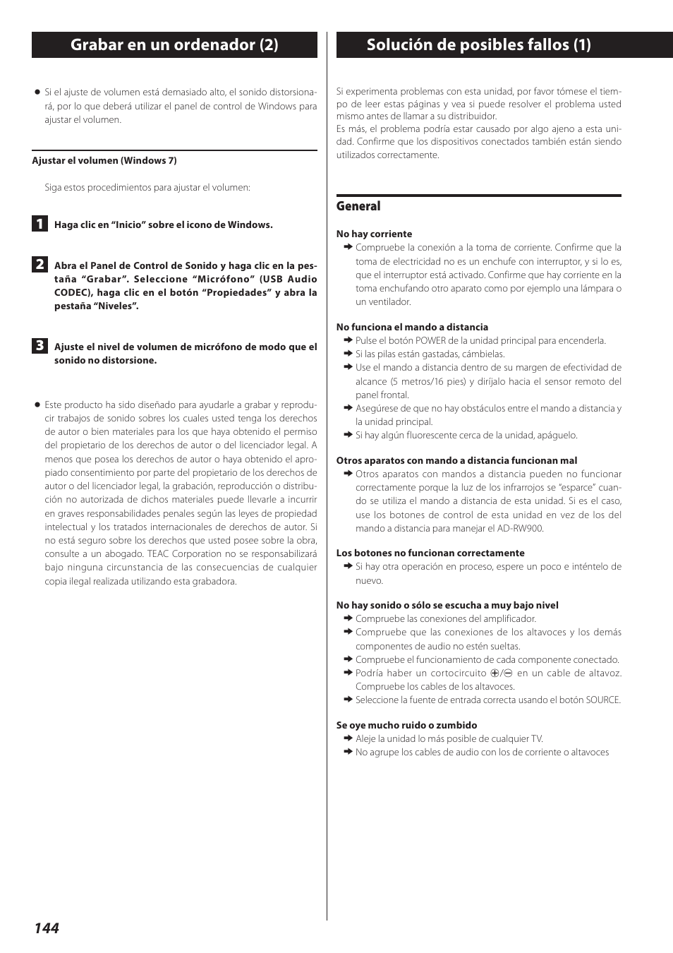 Solución de posibles fallos, General | Teac AD-RW900-B User Manual | Page 144 / 148