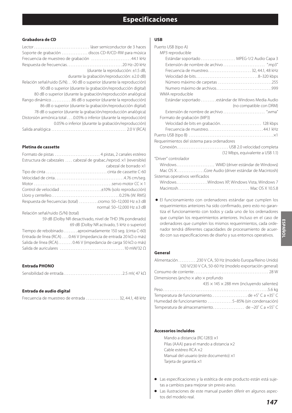 Especificaciones | Teac AD-RW900-B User Manual | Page 147 / 148