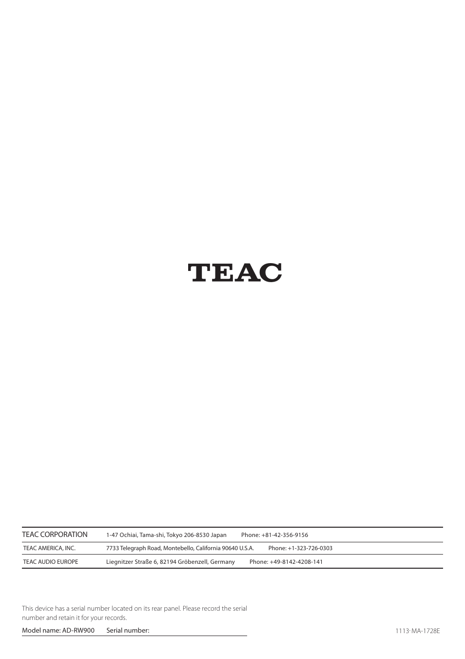 Teac AD-RW900-B User Manual | Page 148 / 148