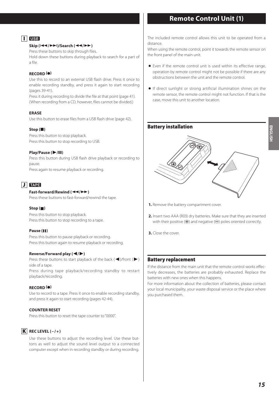 Remote control unit, Remote control unit (1), Battery installation | Battery replacement | Teac AD-RW900-B User Manual | Page 15 / 148