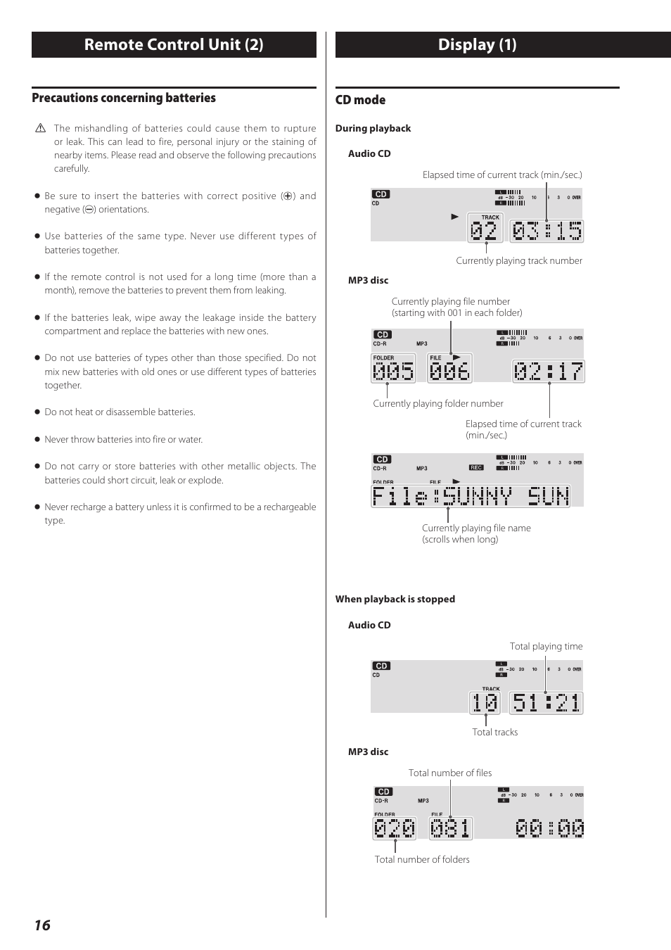 Display, Display (1), Remote control unit (2) | Cd mode, Precautions concerning batteries | Teac AD-RW900-B User Manual | Page 16 / 148