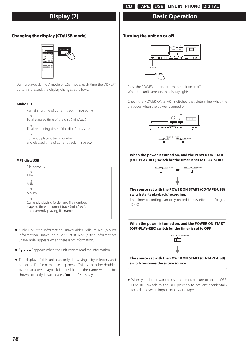 Basic operation, Display (2), Turning the unit on or off | Changing the display (cd/usb mode) | Teac AD-RW900-B User Manual | Page 18 / 148