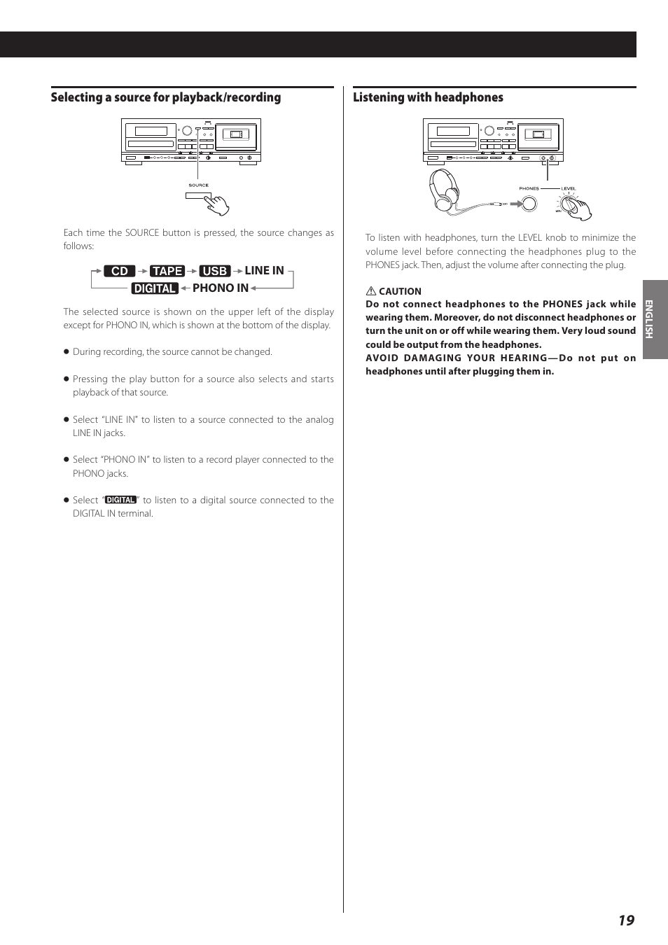 Listening with headphones, Selecting a source for playback/recording | Teac AD-RW900-B User Manual | Page 19 / 148